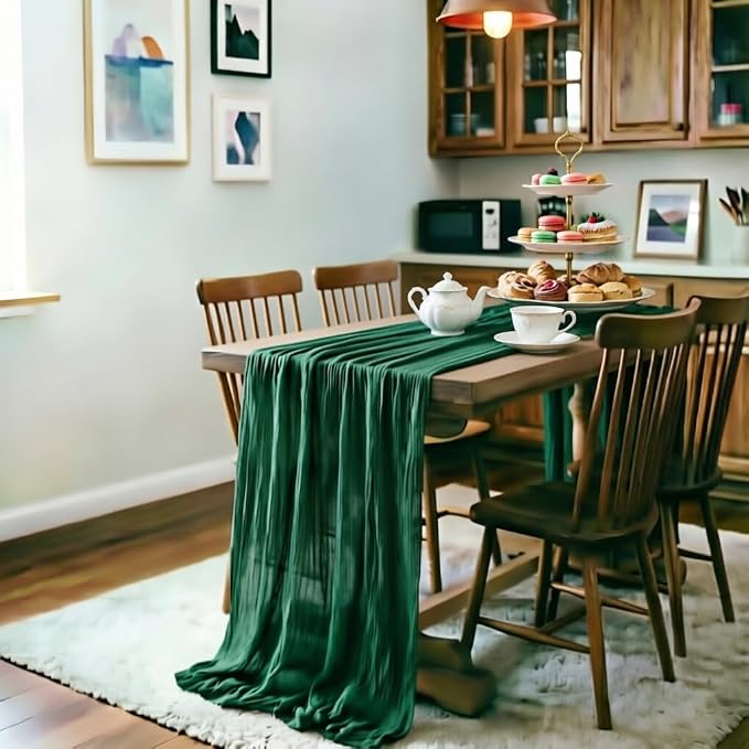 LINXTAR Emerald Green Cheesecloth Table Runner 4 Pack 120 Inches 10Ft Gauze Summer Boho Table Runner for Wedding Tea Party Baby Shower Bridal Birthday Home Decoration