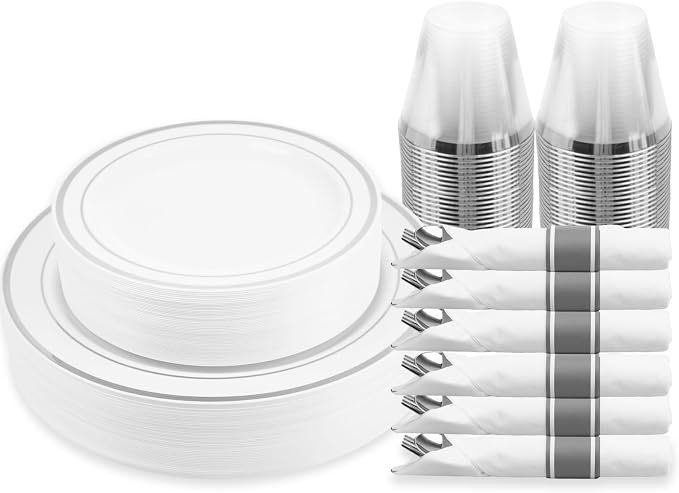 M MCIRCO ﻿175 Piece Silver Dinnerware Set,25 Silver Rim Plastic Plates, 25 Cups,25 Pre Rolled Napkins with Plastic Silverware, Disposable Dinnerware Set for 25 Guest