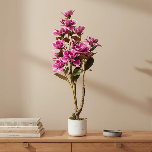 Garvee 37" Artificial Magnolia Tree, Artificial Realistic Magnolia Grandiflora with White Planter and 12 Lifelike Flowers, 3.1FT Fake Potted Flower Plant for Home Office Decor, Pink