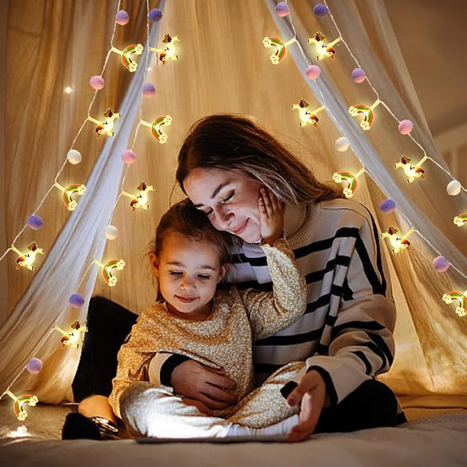 ChiRee Indoor String Lights 9.85 Ft Unicorn Rainbow String Lights with Pom Poms, 20 LED Battery Operated Fairy Lights with Timer & 8 Flash Modes, Cute Kids Girls Boys Bedroom Nursery Play Tent Decor