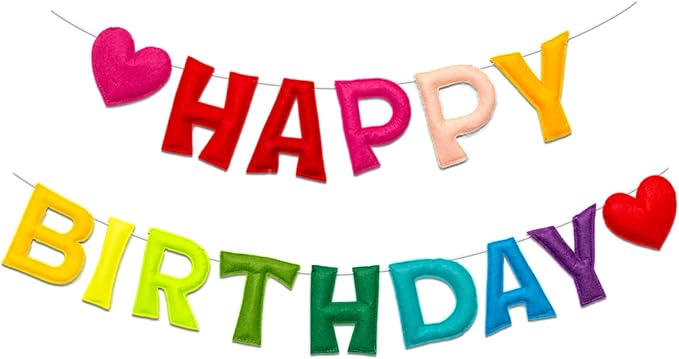 Colorful Pre-Strung 3D Happy Birthday Banner with Heart, Reusable Happy Felt Garland, Rainbow Party Decorations, Personalized Birthday Sign for Girls Boys Womens Mens