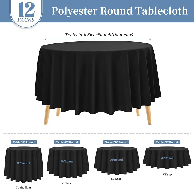Pesonlook 12 Pack Round Tablecloth Black 90 Inch Polyester Washable Fabric Round Table Cover Black Tablecloth for Wedding/Party/Banquet/Dining/Buffet Table