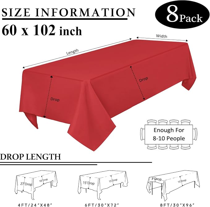 8 Packs Red Tablecloth 60x102 Inch Rectangular Table Cloth for 6 Foot Rectangle Table, Wrinkle Resistant Polyester Fabric Washable Table Cover for Wedding Banquet Party Buffet