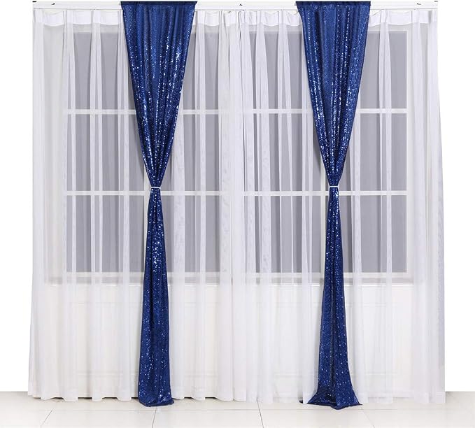 SquarePie 2 PCS 2x8ft Navy Blue Sequin Backdrop Curtains, Satin-Backed Shimmering Photo Booth Background, 2 Panels Narrow Real Sequin Drapes with 4" Rod Pocket for Party, Baby Shower, Doorway Decor