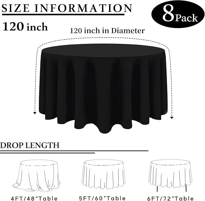 8 Packs 120 Inch Black Round Tablecloth in Diameter, Washable Polyester Fabric Tablecloths, Wrinkle Resistant Table Cloth for Wedding Party Banquet Dining