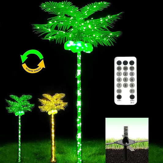 Palm Trees Decor for Outside Patio, 7.2Ft Lighting Artificial Palm Tree, Outdoor Pool Tropical Decorations for Home Party Beach Garden Park Green/Warm White