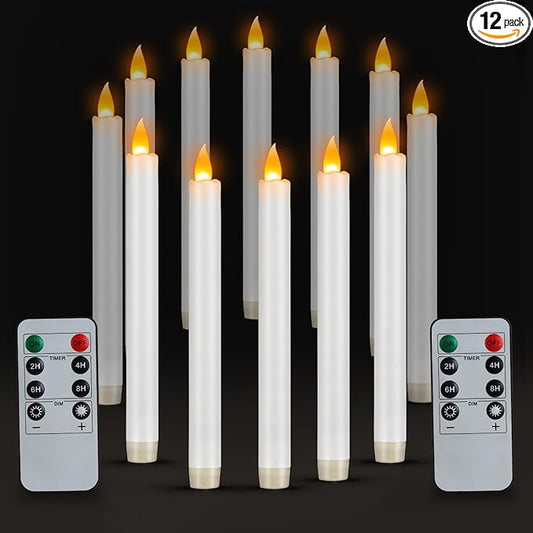 wemarry Flameless Taper Candles 10" Dripless Battery Operated Taper Candles Included Remote Timer 400+ Hours by 2AA Batteries for Halloween Christmas Wedding (White, 12 Pack)