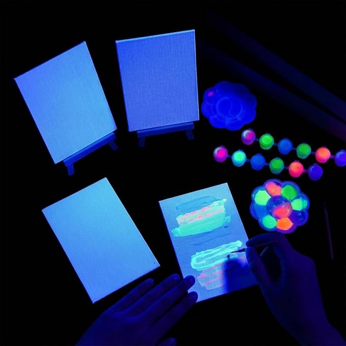 Tosstuki 24 Set Glow in the Dark Party Supplies Glow in Dark Paint Kit 3.9" x 5.9" Canvas for Painting with Wooden Easel Paint Brush Kit for DIY Crafts Rainbow Light up Birthday Luminous Party Favors