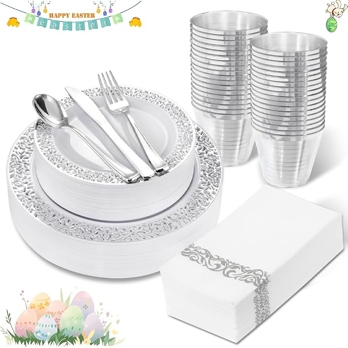 WELLIFE 210pcs Dinnerware Set - Silver Rimmed Plastic Plates Disposable Heavy Duty, Disposable Plastic Plates with Silver Rim, Water-proof, Break-proof, Best Choice for Any Party