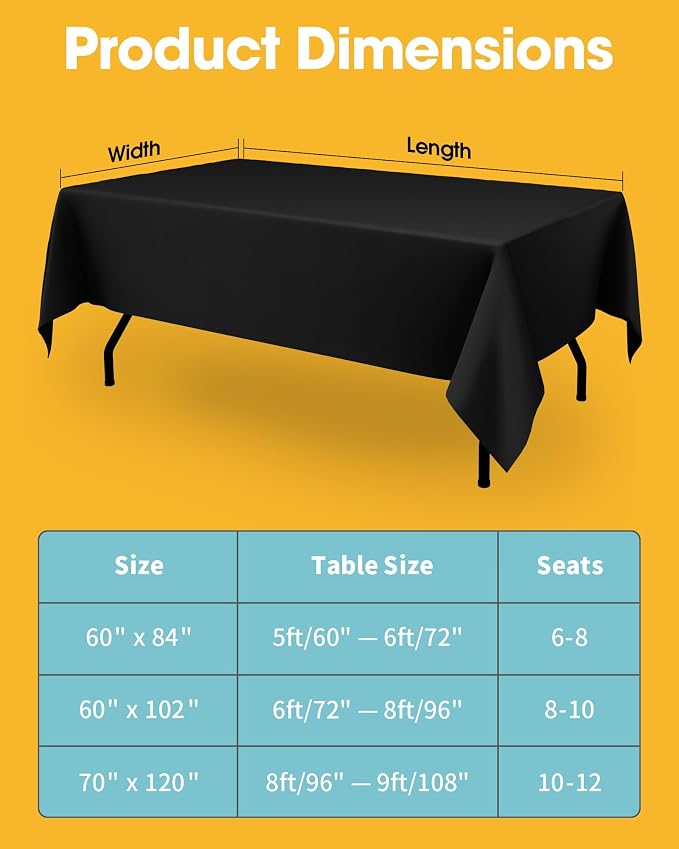 Niuara Black Rectangle Table Cloth - 6 Pack, 60" x 84" Washable Polyester Tablecloth for 5FT Tables, Wrinkle-Resistant Table Cover for Weddings & Parties