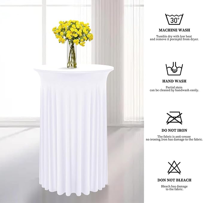 2 Packs Round Cocktail Table Skirt 32"x 43" Spandex Stretch Cocktail Tablecloth with Wavy Drapes, White Spandex Fitted High Top Table Covers for Wedding Party Birthday Banquet Bar