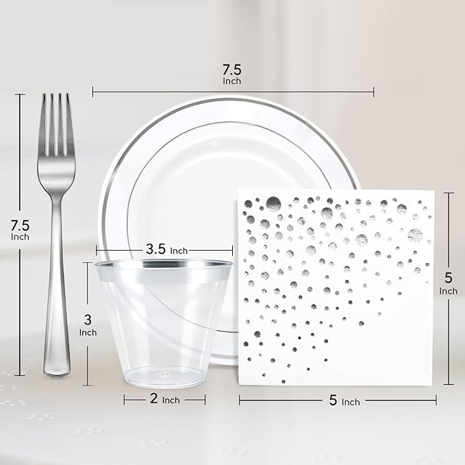 Stylish 7.5 Inch White and Silver Plastic Plates, Disposable Forks, Cups and Cocktail Napkins (100 Set), Silver Dessert Plates, Small Appetizer Plates, Disposable Cake Plates for Wedding Reception