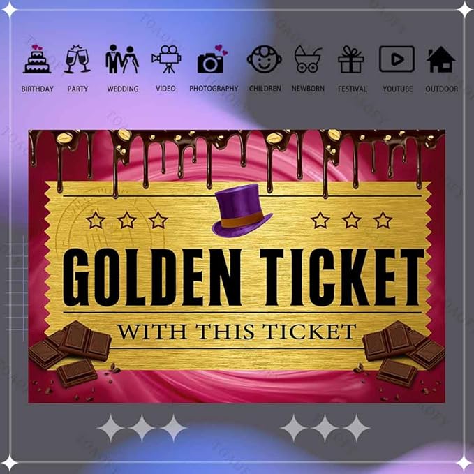 Golden Ticket Photography Backdrop Kids Birthday with This Ticket Chocolate Factory Background for Adults Kids Birthday Baby Shower Party Decorations Supplies TAYBDJ1831