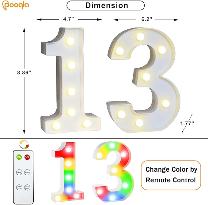Pooqla 13th Birthday Decoration for Girls Boys, Decorative LED Light Up Numbers, Marquee Numbers 13 Sign for Party Backdrop 13th Wedding Anniversary Decor Gift, Warm White and Colorful Number 13