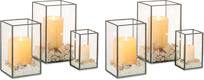 NUPTIO Hurricane Glass Candle Holders: 6 Pcs Clear Lantern Pillar Candles Holder with Black Metal Frame Modern Candle Lanterns Centerpiece for Wedding Ceremony Holiday Decoration 8.1 & 6.5 & 4.7 inch