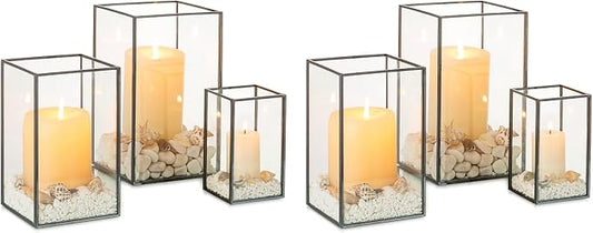 NUPTIO Hurricane Glass Candle Holders: 6 Pcs Clear Lantern Pillar Candles Holder with Black Metal Frame Modern Candle Lanterns Centerpiece for Wedding Ceremony Holiday Decoration 8.1 & 6.5 & 4.7 inch