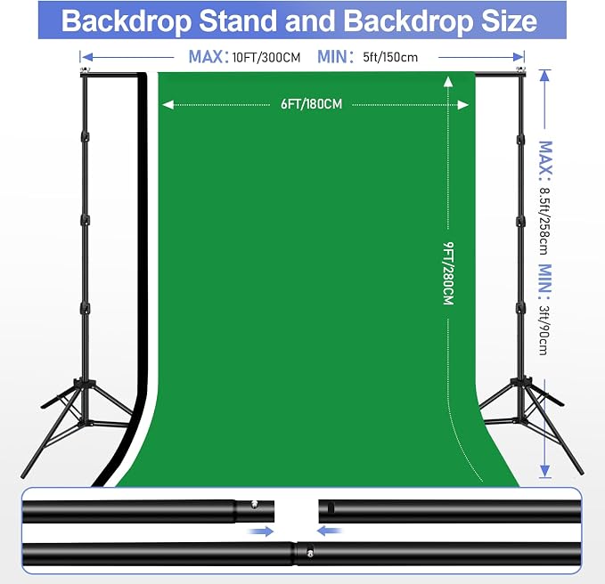 EMART 8.5x10ft Green Screen Backdrop Kit with 6x9ft Polyester Backdrop(Black/White/Green), Adjustable Photography Background Support System for Studio Photography, Parties, Wedding, Video Shooting | Adjustable Background Stand with Black/White/Green Sc...