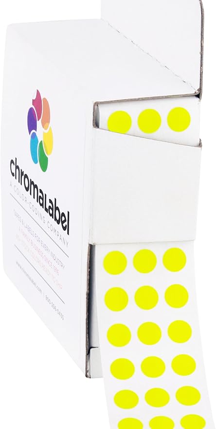 ChromaLabel 1/4 Inch Round Colored Stickers, High Visibility Color Coding Labels, Easy to Write On Dot Stickers with Dispenser Box - 1000 Sticky Dots, Matte Finish Fluorescent Yellow Sticker Labels
