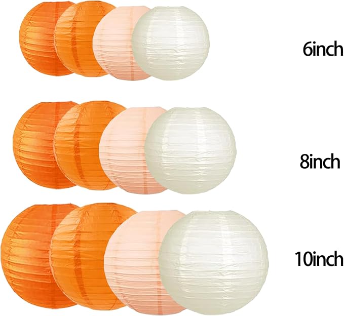 Orange Peach Paper Lanterns (12 Pack) - Hanging Paper Lanterns for Bridal Shower Fall Wedding Birthday Party Decoration