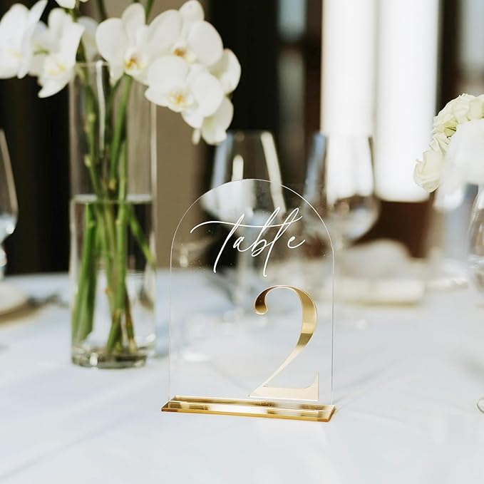HOODO Clear Arch Wedding table numbers 1-10 with Stands, 5"x7" Arched Acrylic Signs with Gold Mirror Numbers, Clear and Gold Acrylic Table Numbers for Wedding Reception, Party, Anniversary, Event
