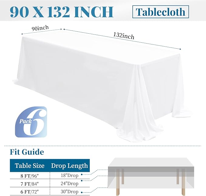 Fani 6 Pack 90 x 132 Inch White Polyester Tablecloths for 6ft Rectangle Tables, Wrinkle & Stain Resistant, Classic Style, Perfect for Formal & Casual Settings