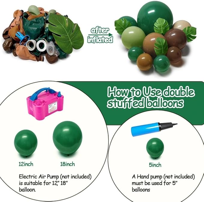 Dark Green Brown Balloon Arch Kit Double Stuffed Sage Green Nude Tan Apricot Balloon Garland with Palm Leaves for Baby Shower Safari Dinosaur Birthday Party Decoration