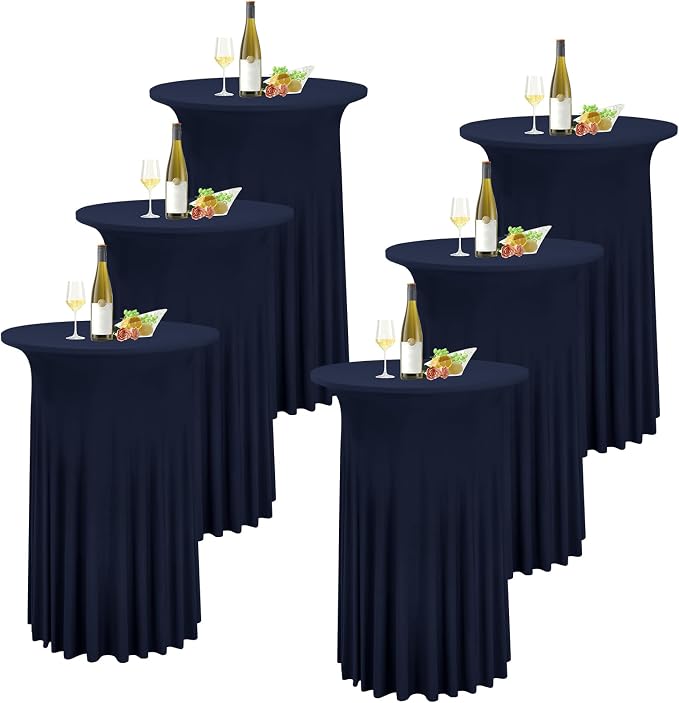 6 Packs Round Cocktail Table Skirt 32"x 43" Spandex Stretch Cocktail Tablecloth with Wavy Drapes, Navy Blue Spandex Fitted High Top Table Covers for Wedding Bar Party Birthday Banquet Tables