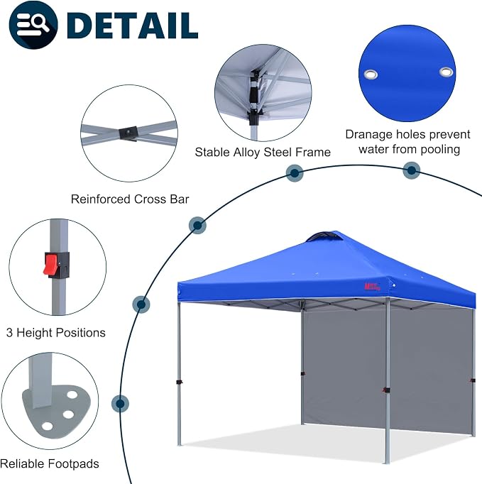 MASTERCANOPY 8x8 Pop Up Canopy Tent with 1 Sidewall, 1 Person Setup Instant Shelter, Outdoor Portable Beach Canopy, 1 Roller Bag, 4 Sandbags, 4 Ropes, 8 Stakes (8x8, Blue)