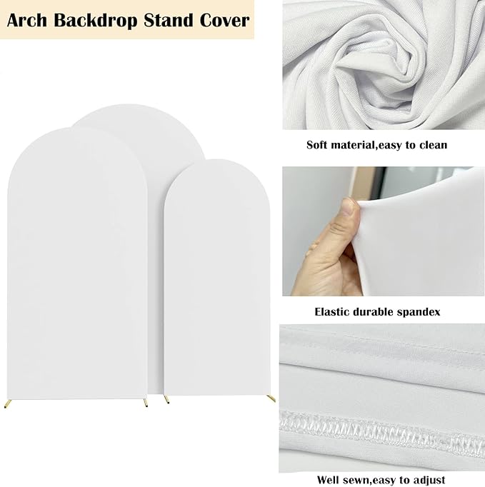 HAINARverS Set of 3 Wedding Arch Cover 6FT,6.6FT,7.2FT Spandex Fitted Stretchy Arch Stand Covers,2 Sided Round Top Chiara Backdrop Cover for Birthday Party Banquet Baby Shower Arch Decoration(White)