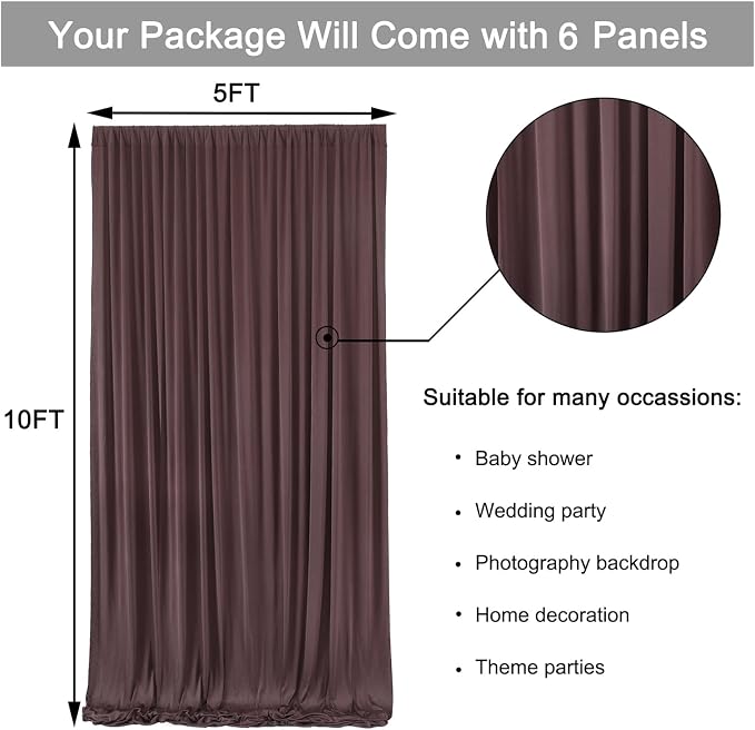 30ft x 10ft Wrinkle Free Brown Backdrop Curtain for Parties, Thick Polyester Photo Backdrop Drapes 6 Panels for Weddings Birthday Party Background Photoshoot Home Decor