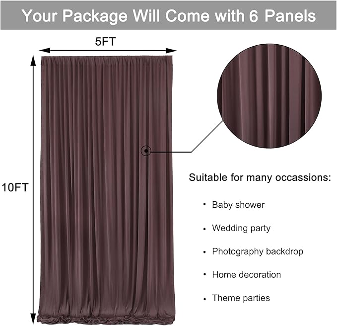 30 ft x 10 ft Wrinkle Free Brown Backdrop Curtain for Parties, Wedding Brown Photo Backdrop Drapes, Fabric 6 Panels 5ft x 10ft for Baby Shower Photoshoot Engagement Birthday Photography Background