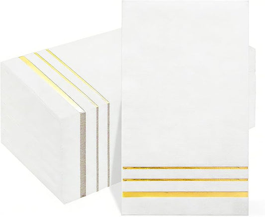 Garvee 300 Pack White and Gold Disposable Paper Napkins, 3-Ply Soft Dinner Napkins with Gold Foil Trim, Absorbent Decorative Guest Towels for Party, Wedding, Birthday, Baby Shower