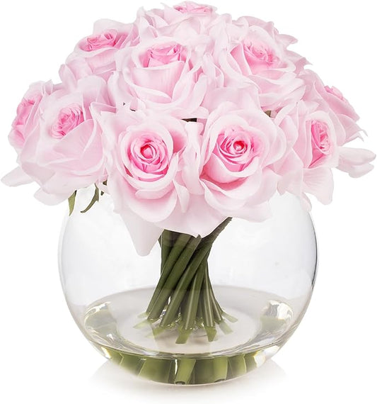 ENOVA FLORAL 16 Heads Silk Rose Artificial Flowers in Vase,Faux Rose Flowers Arrangement in Round Bowl Vase with Faux Water for Table Decor Centerpieces (Light Pink)