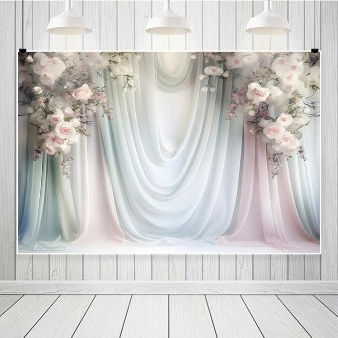 Leowefowa Floral Backdrops for Photoshoot 18x7ft Vinyl White Pink Rose Flower Curtain Wall Photography Background for Bridal Shower Wedding Anniversary Ceremony Party Decorations Banner Studio Props