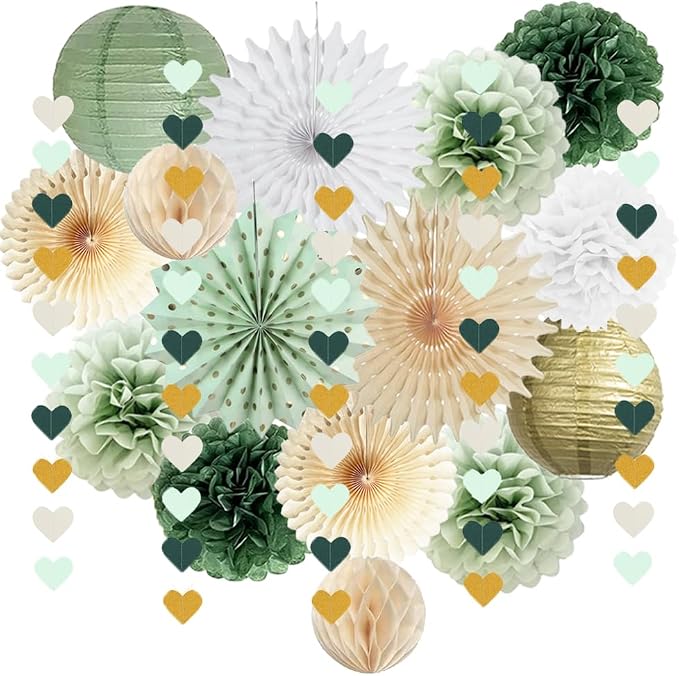 Sage Green Party Decorations Sage Green White Gold Party Decorations Paper Pom Poms Paper Fans Lanterns Sage Beige Gold Love Heart Garland for Birthday Baby Shower Wedding Bridal Shower Party Decor