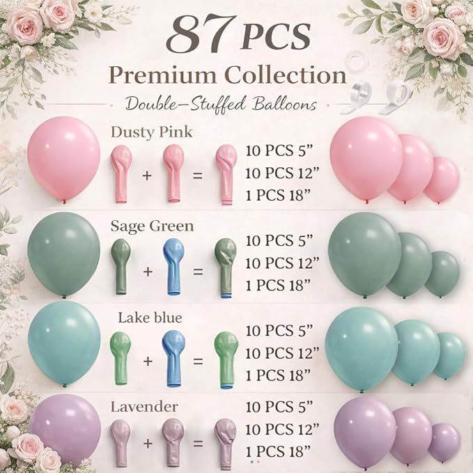 Double Stuffed Balloon Arch Kit - 84pcs Thick Dusty Pink, Sage Green & Lavender Pastel Balloon Garland for Baby Shower, Gender Reveal - Premium Matte Finish for Boho Wildflower & Daisy Theme Party