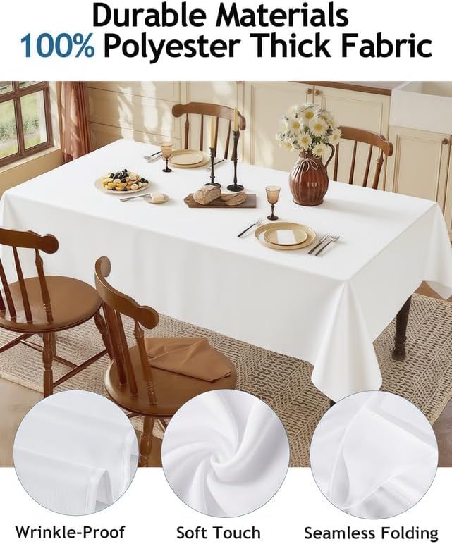 Rectangle Tablecloth 60" x 84", White Washable Polyester Table Cloth, Wipeable Table Cover for Dining, Wedding, Birthday, Party, Banquet Decor, 10 Pack