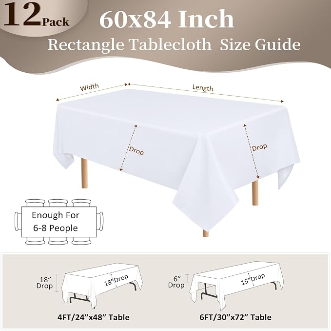 12 Pack White Table Cloth 60x84 Inch Rectangle Tablecloths for 6 Foot Rectangle Tables, Wrinkle Resistant Washable Polyester Fabric Rectangular Table Cover for Dining Banquet Wedding Party