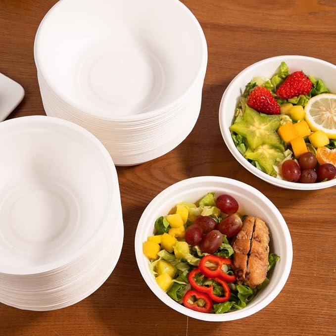 supernal 200Pcs Compostable Disposable Paper Bowls Combo Set for Catering | Heavy duty bagasse sugarcane bowls include 100pcs 16oz and 100pcs 30oz. Biodegradable, leakproof soup bowls for party.