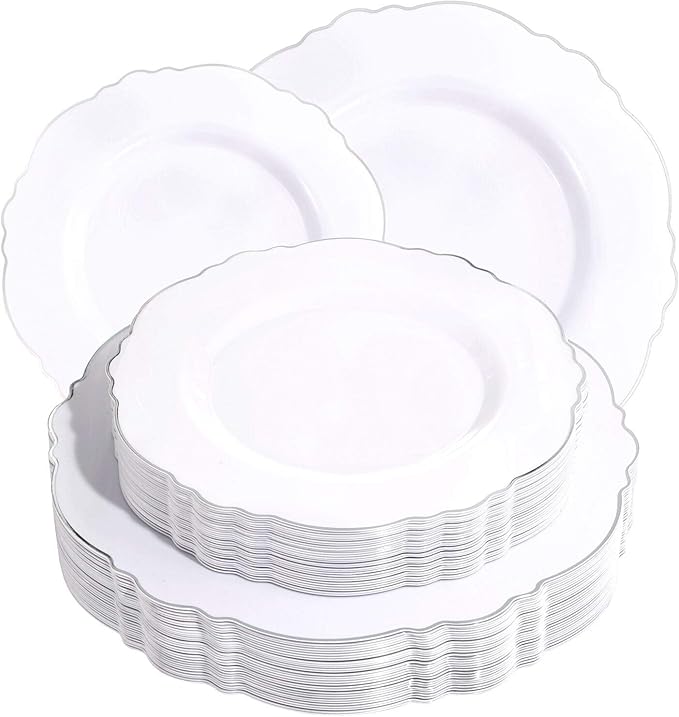 WDF 60pcs Silver Plastic Plates-Baroque White &Silver Plates for Upscale Parties &Wedding-including 30Plastic Dinner Plate 10.25inch, 30 Salad Plate 7.5inch for Baby Shower Wedding Spring