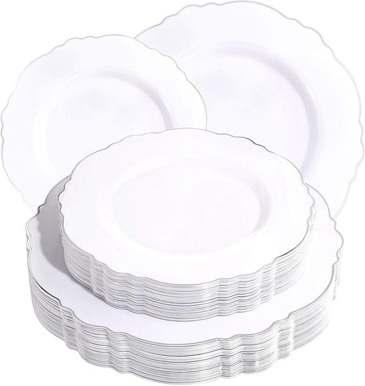 WDF 60pcs Silver Plastic Plates-Baroque White &Silver Plates for Upscale Parties &Wedding-including 30Plastic Dinner Plate 10.25inch, 30 Salad Plate 7.5inch for Baby Shower Wedding Spring