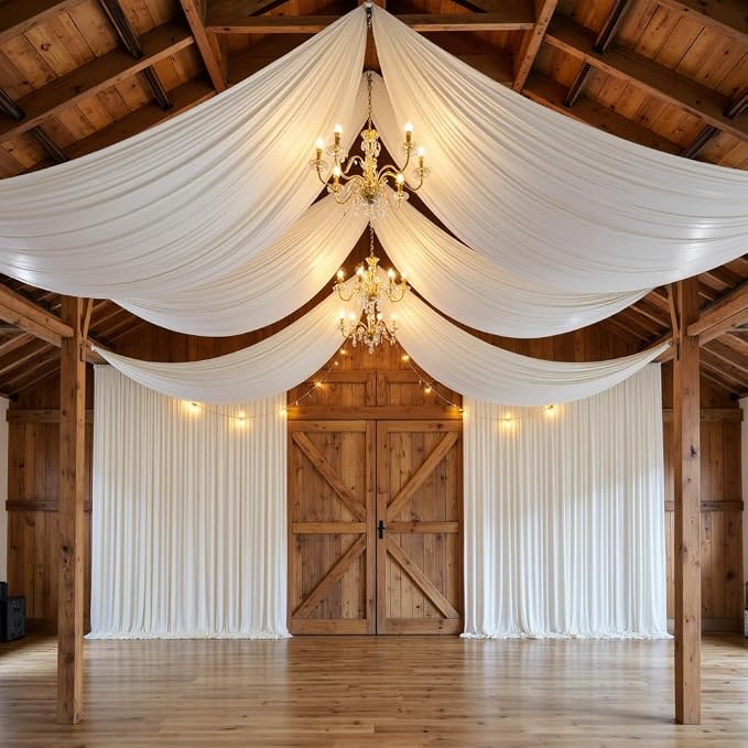 2 Panels 5x20ft Ivory Ceiling Drapes for Wedding Parties, Wrinkle Free Thick Polyester 20ft Extra Long Wedding Draping Ivory Ceiling Curtains Arch Drapery for Birthday Party Canopy Tent Decor