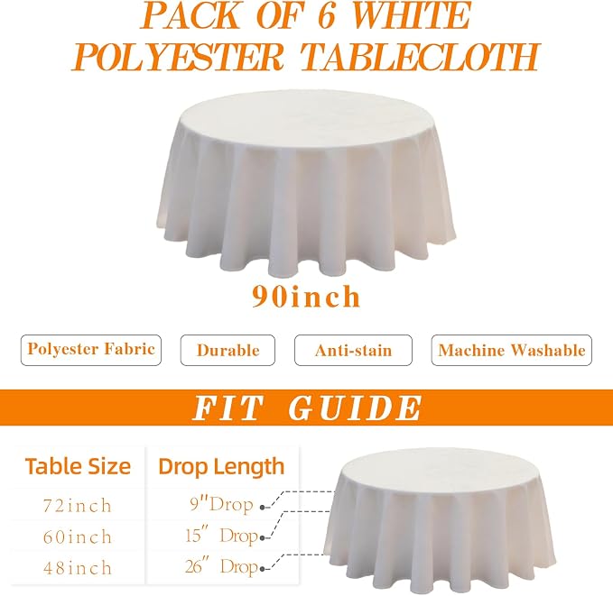 WIGENIUS 6 Pack White Table Cloth Round 90 Inch Polyester Tablecloths, Wrinkle Resisitant Tablecloth for Wedding Buffet Parties and Dining (White, 90 inches Round)