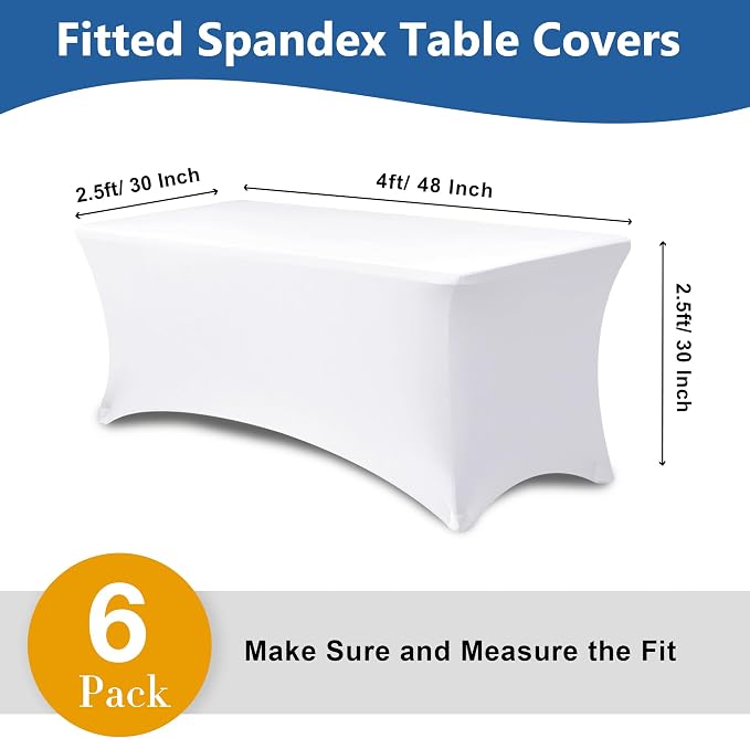 Stretch Spandex Table Covers for 4 Foot Tables-6 Pack White Fitted Table Cloth for Rectangle Folding Table Protector for Party, Vendor Booth Display, Banquet Buffet Event, Craft Trade Show