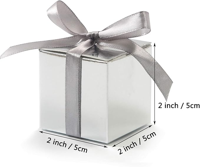 KPOSIYA 70 Pack Favor Boxes 2x2x2 inch Candy Boxes Silver Gift Boxes with Ribbons for Wedding Baby Shower Decorations Birthday Party Supplies