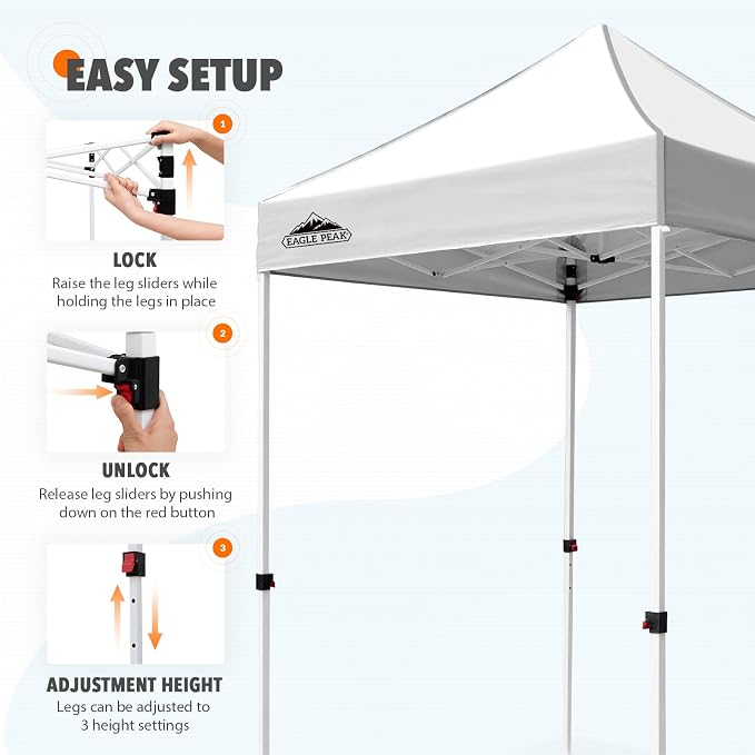 EAGLE PEAK 5x5 Pop Up Canopy Tent Instant Outdoor Canopy Easy Set-up Straight Leg Folding Shelter, White