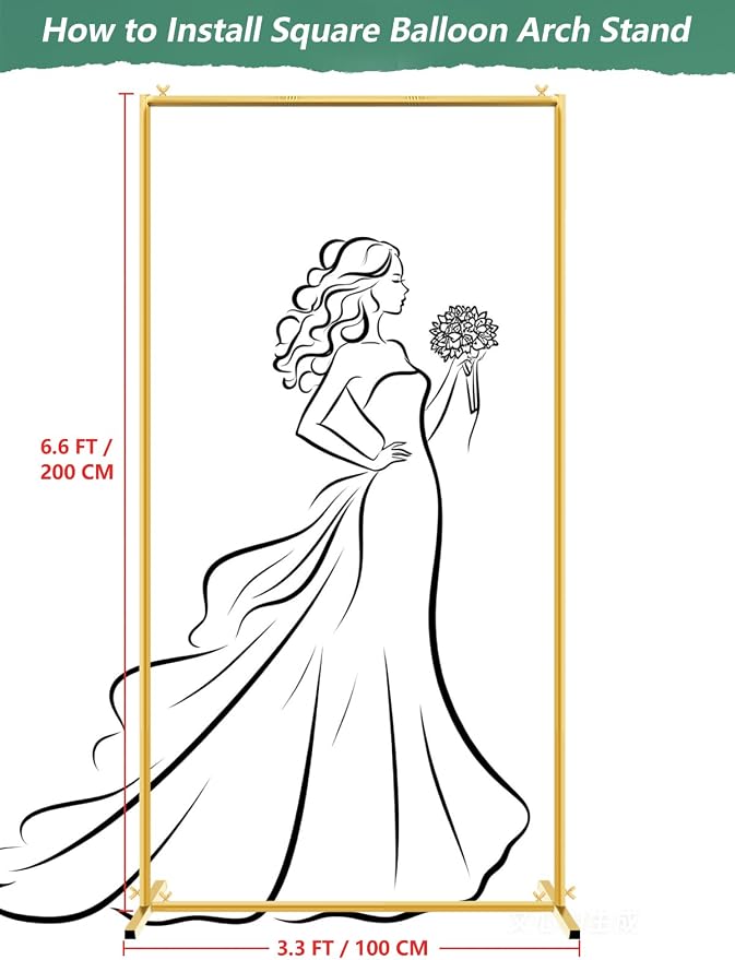 Gold Wedding Arch Backdrop Stand, 6.6 * 3.3FT Square Backdrop Stand Balloon Flower Metal Frame for Ceremony, Anniversary, Party, Birthday,Baby Shower Photo Booth Decoration