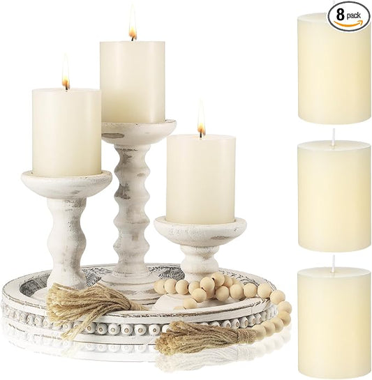 Reallnaive 8 Pcs Farmhouse Wood Candle Holders with Pillar Candles Set Wooden Rustic Candle Holders Round Decorative Serving Tray Bead Garland with Natural Wood Tassels for Table Centerpiece(White)