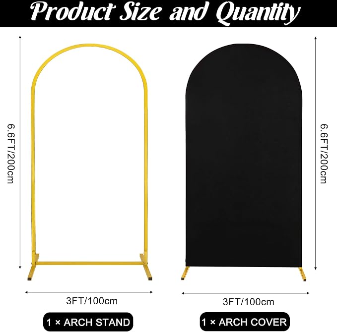 Metal Arch Stand and Cover Set,1 Black Spandex Fitted Backdrop with 1 Gold Wedding Arched Stand Frame for Parties Birthday Baby Shower Bridal Banquet Decoration (6.6FT)