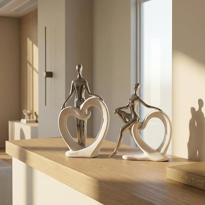 Ceramic Statues Aesthetic Abstract Couple and Heart Sculpture Modern Home Decor Decorative Statue for Living Room Bedroom Bookshelf Table Centerpiece Office (White and Silver)